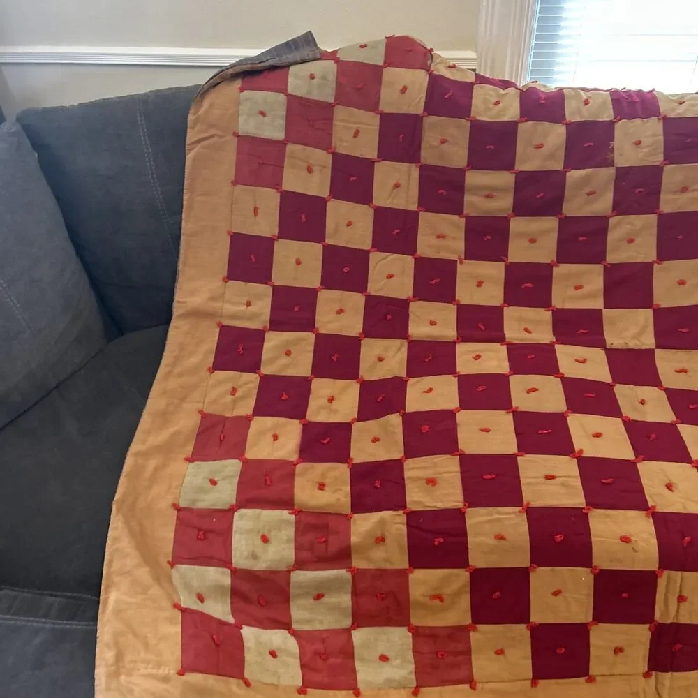 Antique vintage homemade checkerboard Tied quilt patchwork red mustard folk‎ art